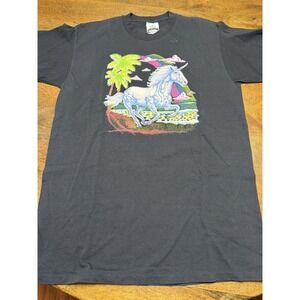 Vintage 90s Unicorn Nature Beach T Shirt Neon Puff Print Single Stitch Large